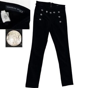 Veronica Beard Jane Skinny Velvet Pant Women 26 Black Button Military J0730005